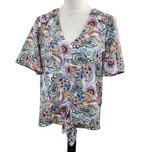 Floral Ivy Womens Size Large L Paisley Print Tie Front V Neck Blouse Top NWT